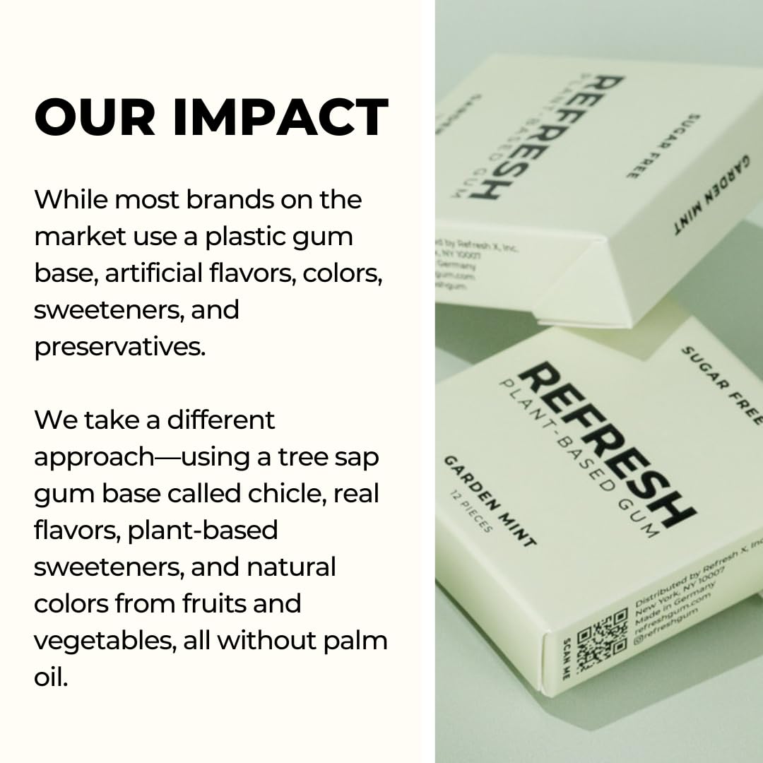 Refresh Gum, Sugar Free, Natural, Xylitol, Long Lasting Chewing Gum, Natural Flavors, Organic Ingredients, Plastic Free, Non GMO, Gluten Free, Vegan, 1 Pack