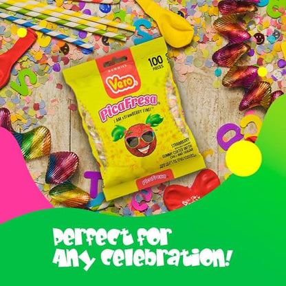Vero PicaFresa - Strawberry Flavored Chewy Gummy Candy Treats - 225 Piece - Individually Wrapped Mexican Candy Perfect for Piñatas, Halloween, and More