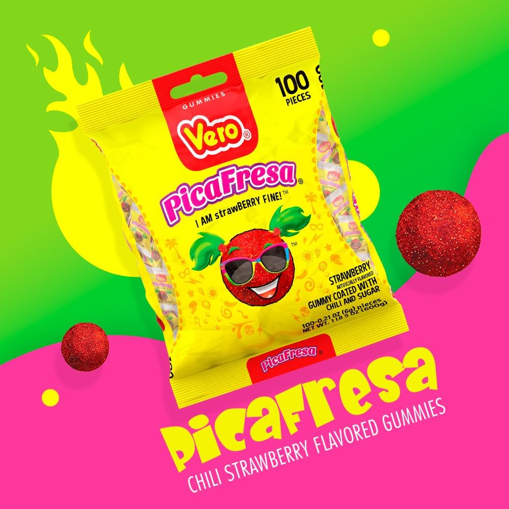 Vero PicaFresa - Strawberry Flavored Chewy Gummy Candy Treats - 225 Piece - Individually Wrapped Mexican Candy Perfect for Piñatas, Halloween, and More