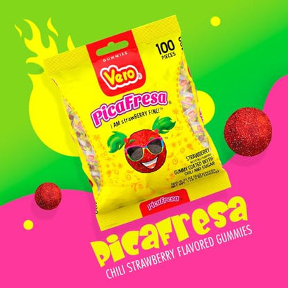 Vero PicaFresa - Strawberry Flavored Chewy Gummy Candy Treats - 225 Piece - Individually Wrapped Mexican Candy Perfect for Piñatas, Halloween, and More