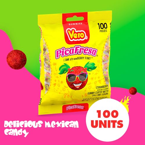 Vero PicaFresa - Strawberry Flavored Chewy Gummy Candy Treats - 225 Piece - Individually Wrapped Mexican Candy Perfect for Piñatas, Halloween, and More