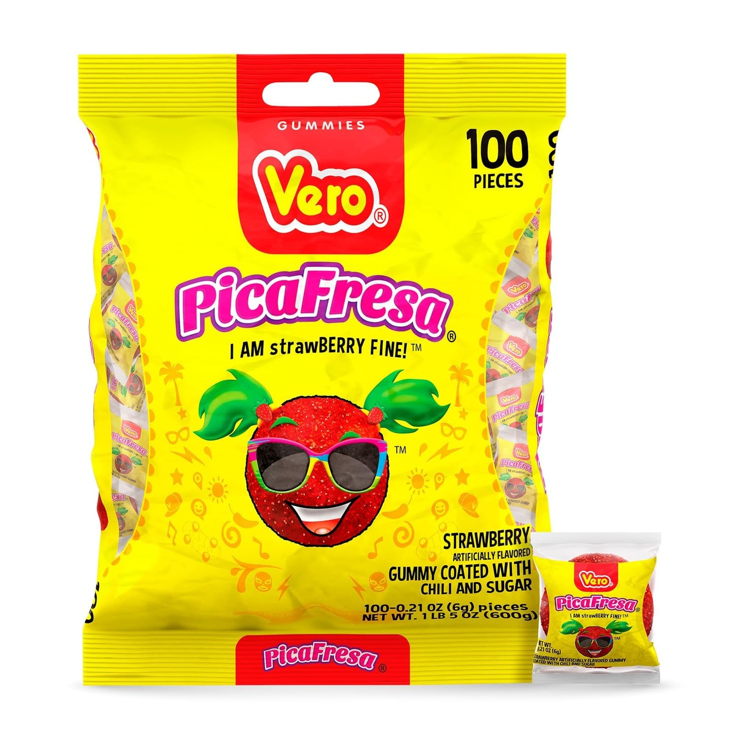 Vero PicaFresa - Strawberry Flavored Chewy Gummy Candy Treats - 225 Piece - Individually Wrapped Mexican Candy Perfect for Piñatas, Halloween, and More