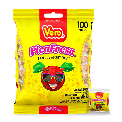 Vero PicaFresa - Strawberry Flavored Chewy Gummy Candy Treats - 225 Piece - Individually Wrapped Mexican Candy Perfect for Piñatas, Halloween, and More