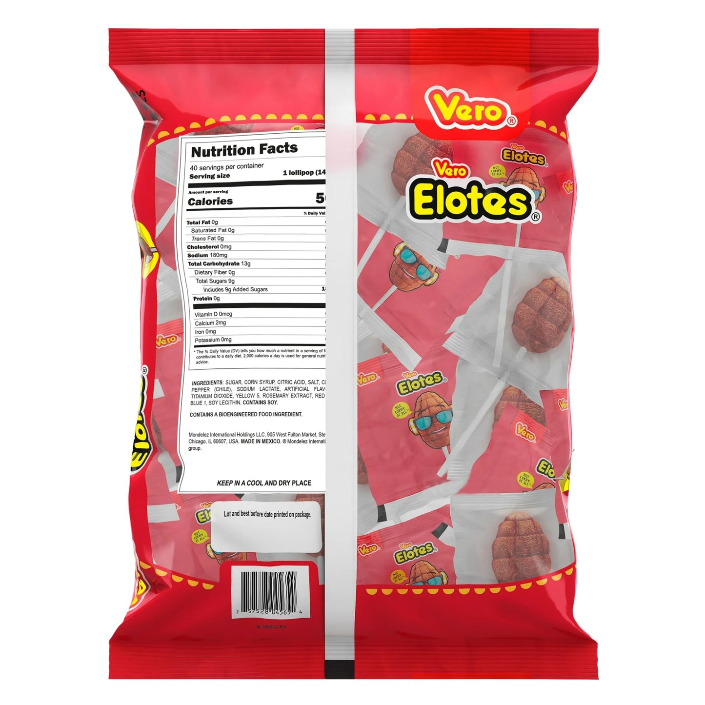 Vero Elotes Strawberry Flavored Lollipops Coated with Chili Powder 40 Count Bag (Net Wt. 22.4 Ounces) - Corn Shaped Mexican Candy - Individually Wrapped Lollipops for Piñatas, Halloween, and More.