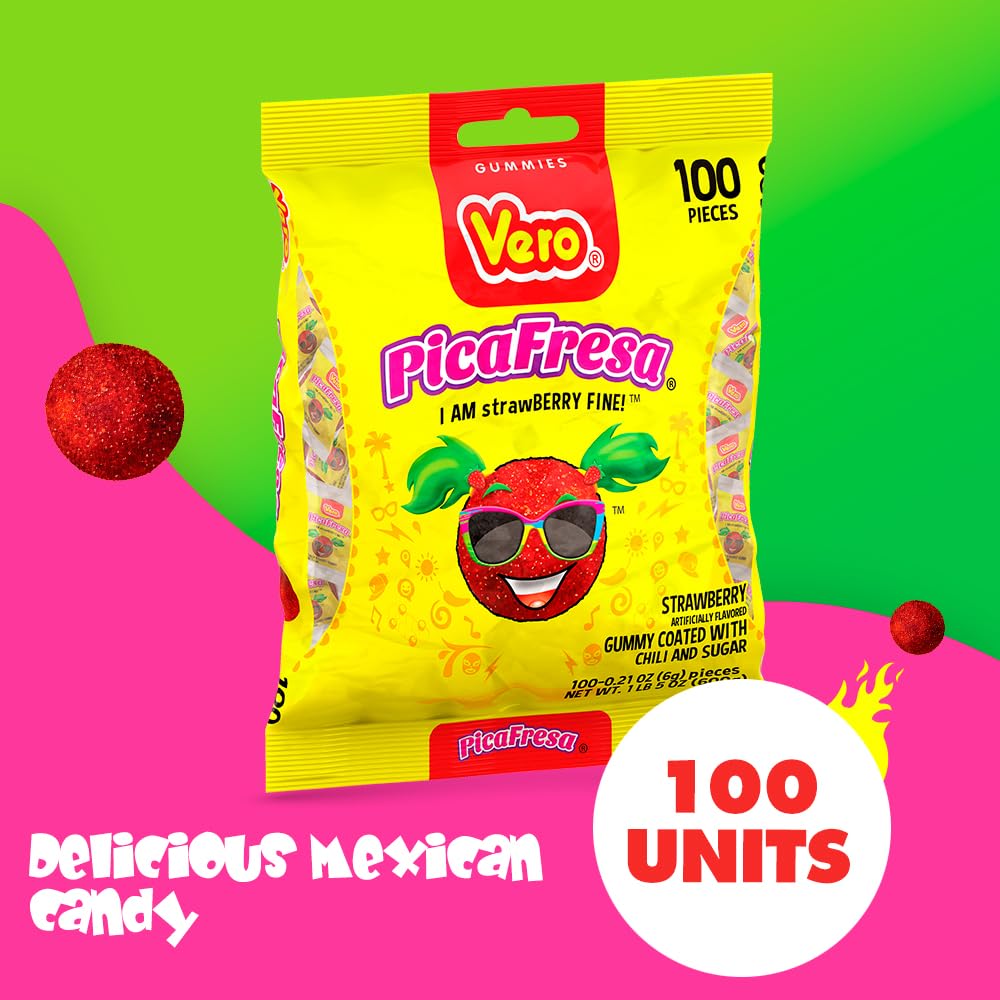 Vero PicaFresa - Strawberry Flavored Chewy Gummy Candy Treats - 225 Piece - Individually Wrapped Mexican Candy Perfect for Piñatas, Halloween, and More