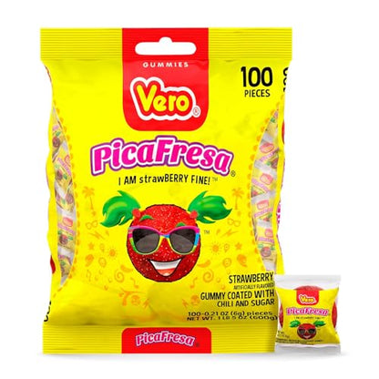 Vero PicaFresa - Strawberry Flavored Chewy Gummy Candy Treats - 225 Piece - Individually Wrapped Mexican Candy Perfect for Piñatas, Halloween, and More