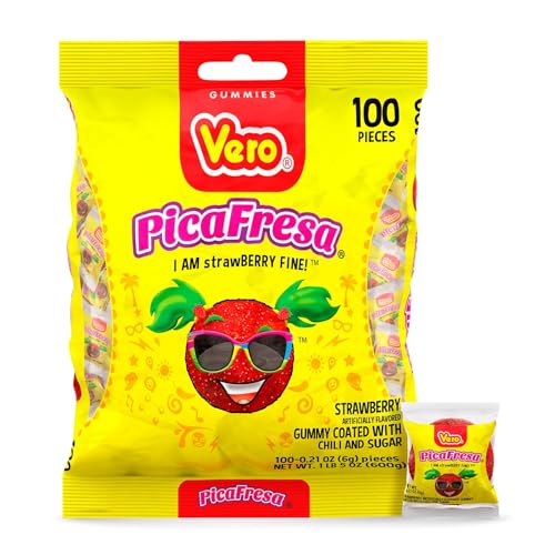 Vero PicaFresa - Strawberry Flavored Chewy Gummy Candy Treats - 225 Piece - Individually Wrapped Mexican Candy Perfect for Piñatas, Halloween, and More