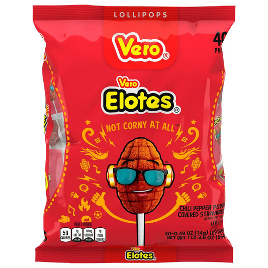 Vero Elotes Strawberry Flavored Lollipops Coated with Chili Powder 40 Count Bag (Net Wt. 22.4 Ounces) - Corn Shaped Mexican Candy - Individually Wrapped Lollipops for Piñatas, Halloween, and More.