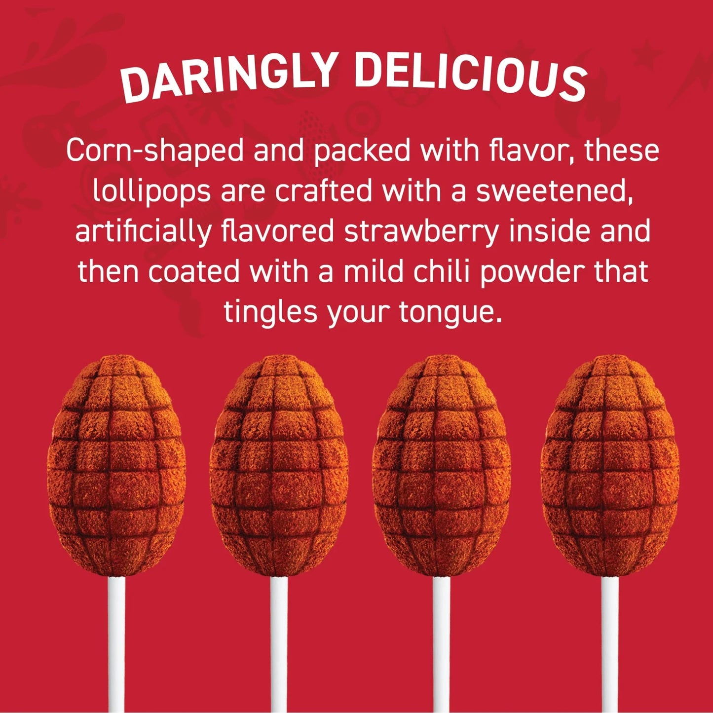 Vero Elotes Strawberry Flavored Lollipops Coated with Chili Powder 40 Count Bag (Net Wt. 22.4 Ounces) - Corn Shaped Mexican Candy - Individually Wrapped Lollipops for Piñatas, Halloween, and More.