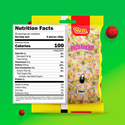 Vero PicaFresa - Strawberry Flavored Chewy Gummy Candy Treats - 225 Piece - Individually Wrapped Mexican Candy Perfect for Piñatas, Halloween, and More